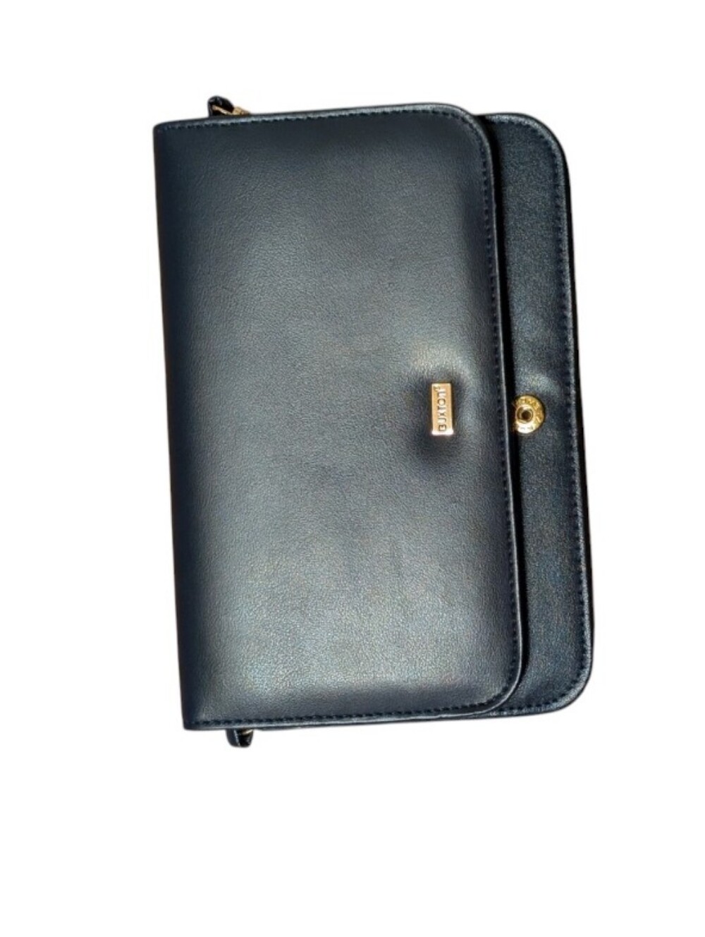 Buxton crossbody purse wallet with a snap closure and a gold-toned logo plaque